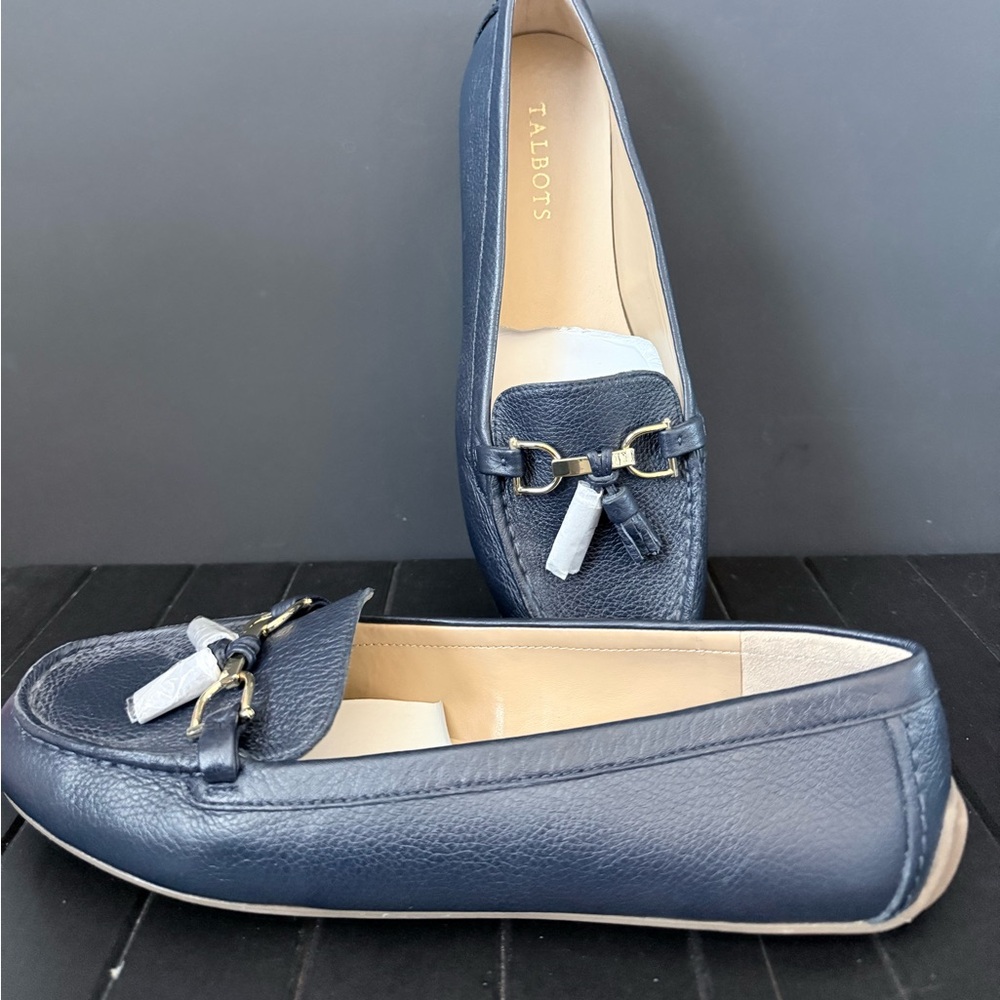 Talbots Everson tasseled pebbled leather driving moccasins. navy blue. 10.5 new